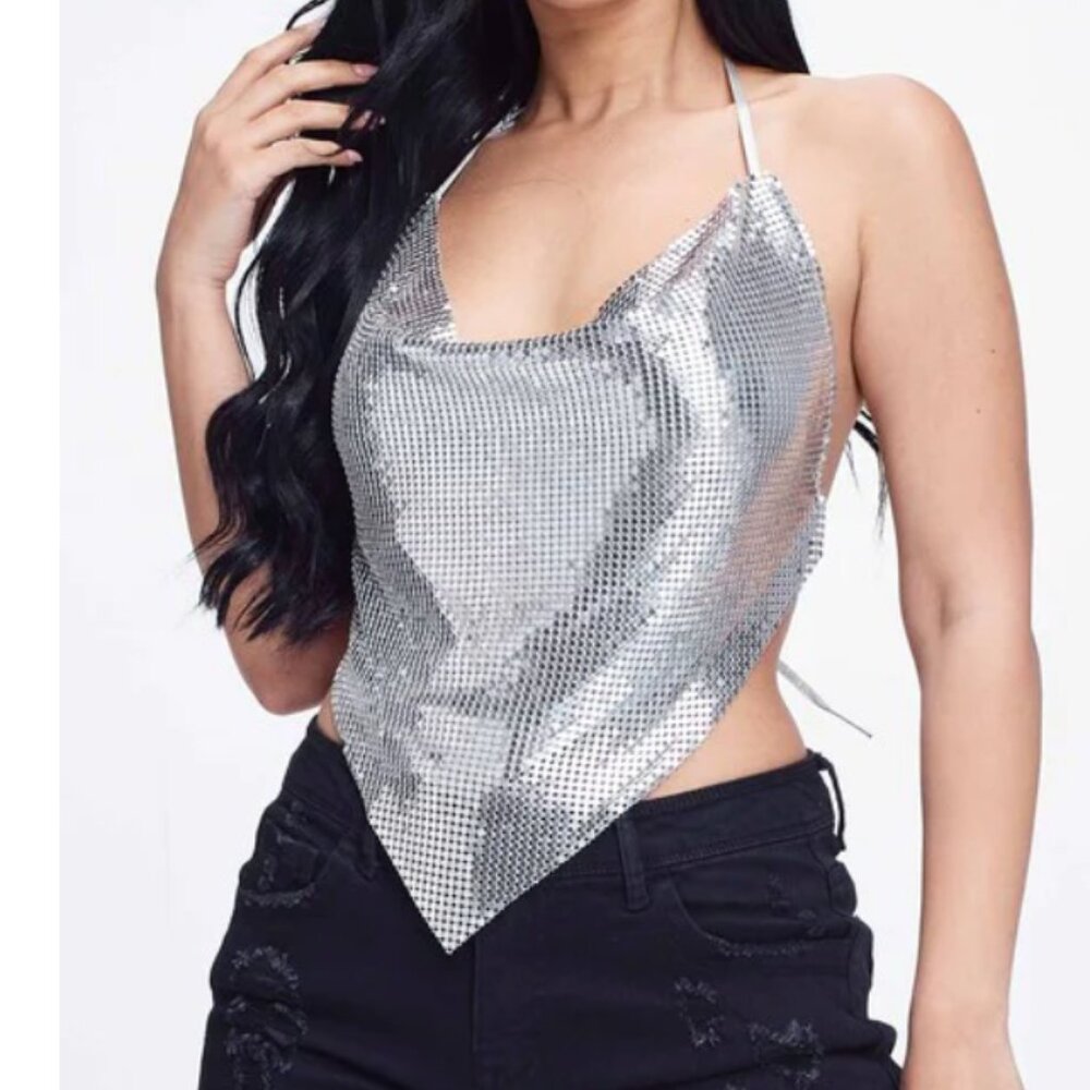 Silver Metal Backless Cowl Neck Crop Top One Size